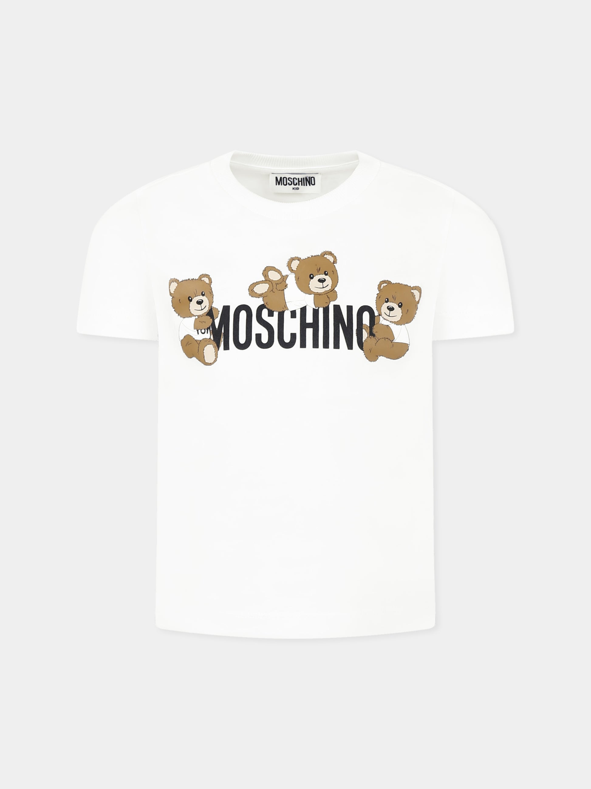 T-shirt bianca per bambini con tre Teddy Bears,Moschino Kids,HUM059 LAA23 10101