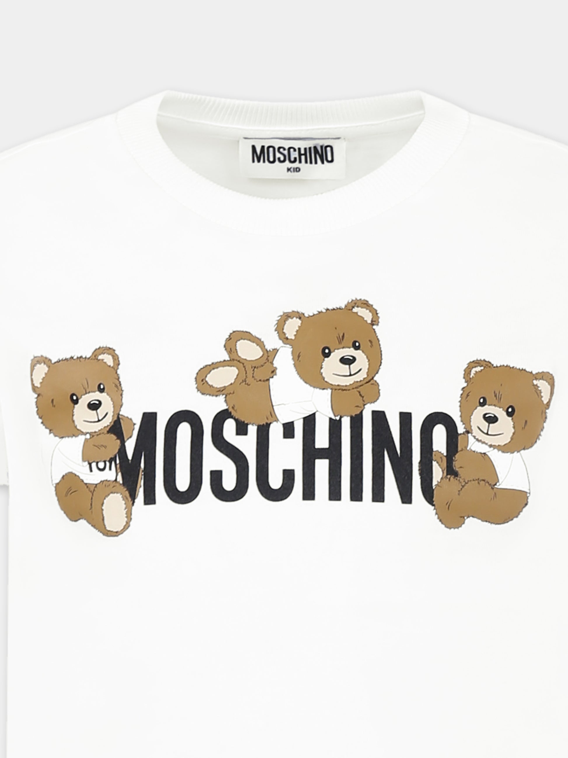 T-shirt bianca per bambini con tre Teddy Bears,Moschino Kids,HUM059 LAA23 10101