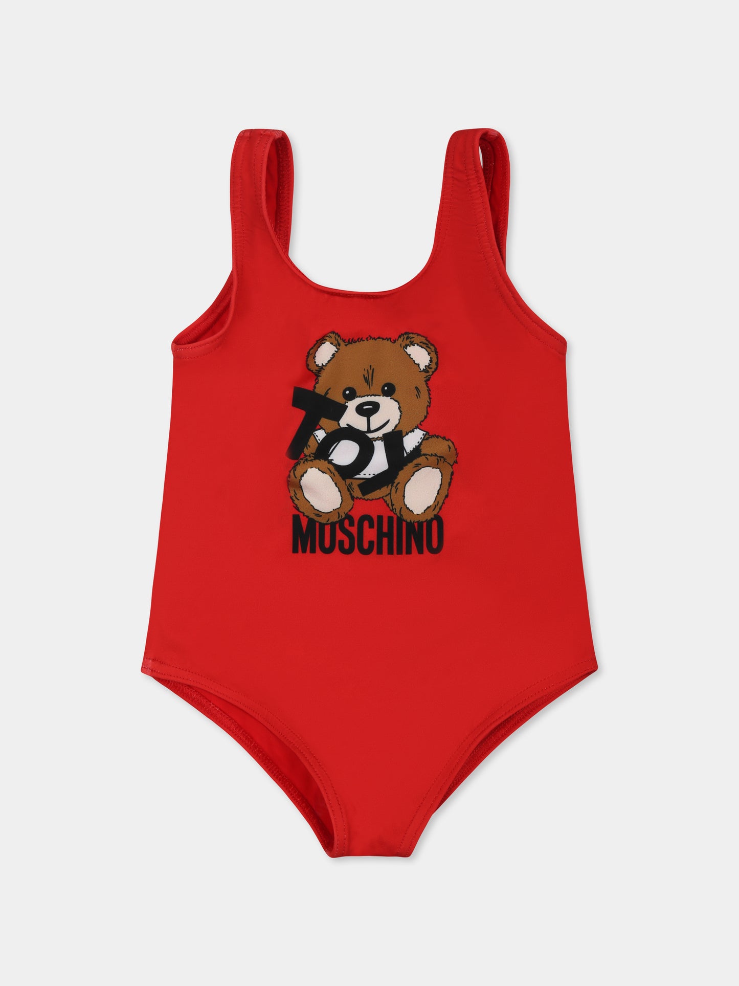 Red swimsuit for baby girl with Teddy Bear and black logo
