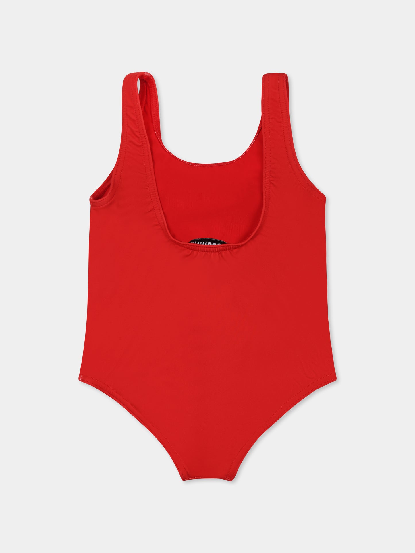 Red swimsuit for baby girl with Teddy Bear and black logo