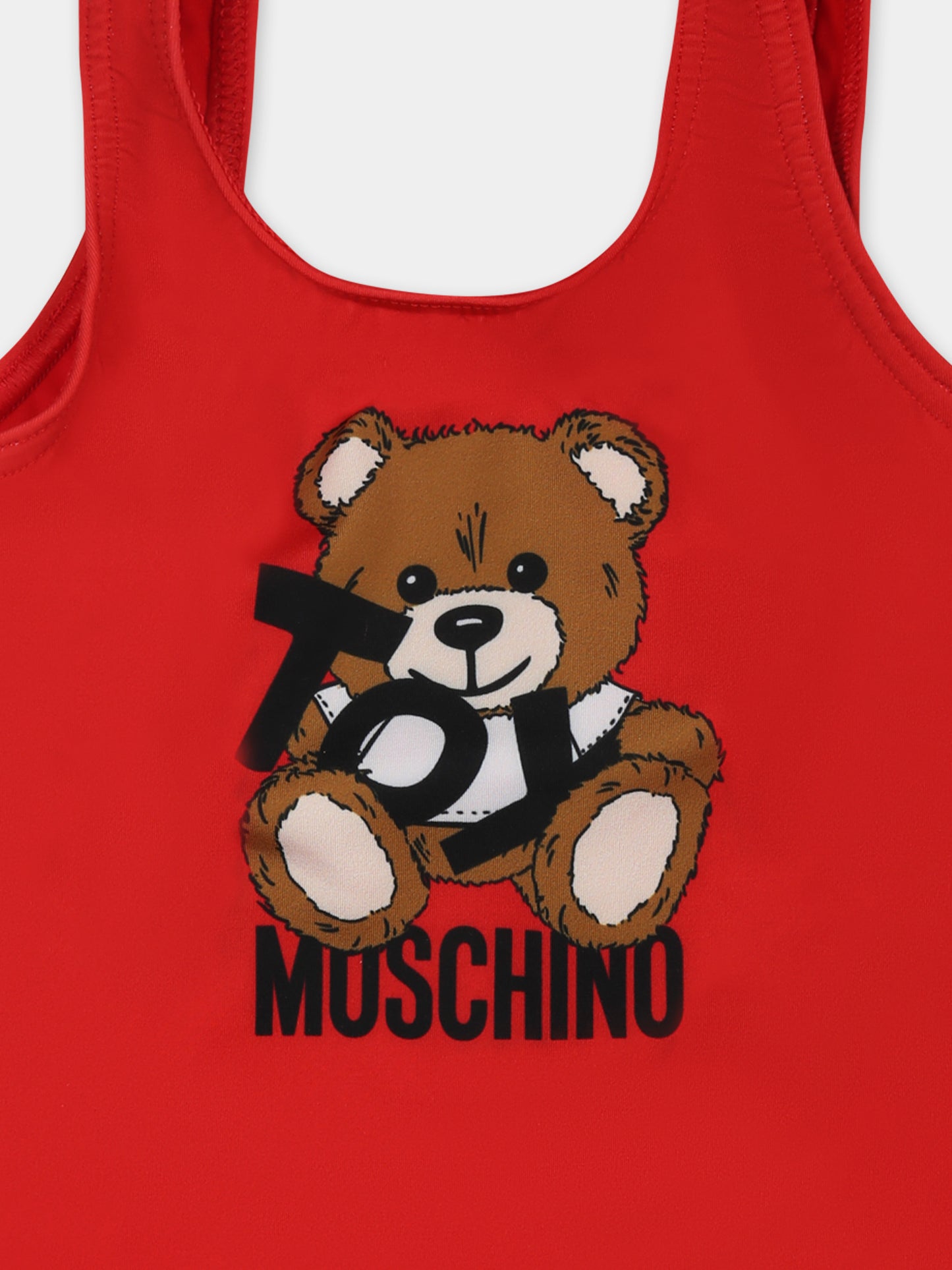 Red swimsuit for baby girl with Teddy Bear and black logo