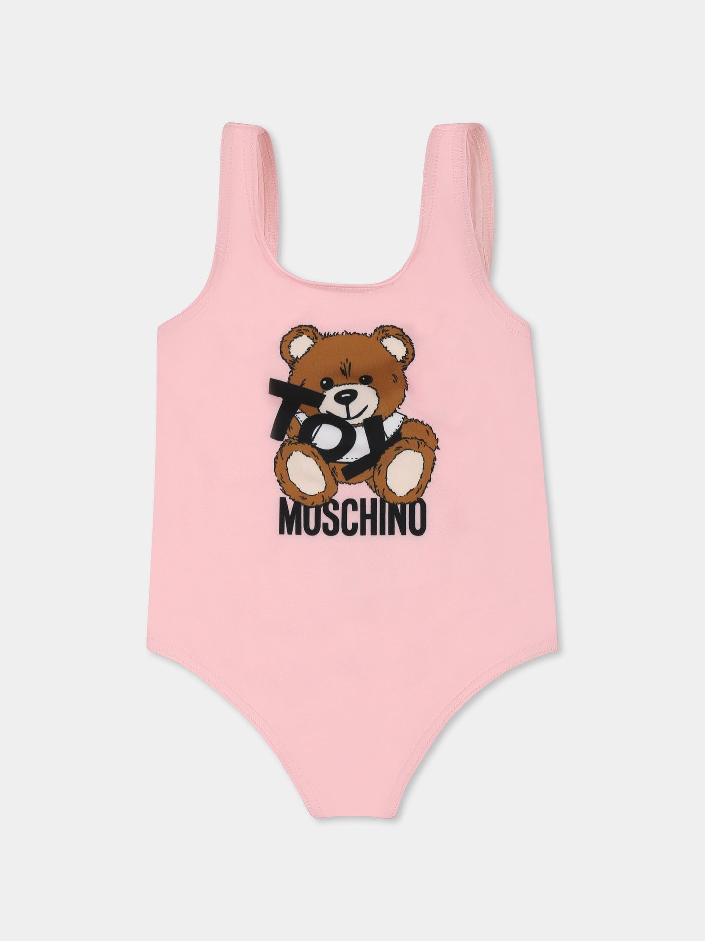 Pink swimsuit for baby girl with Teddy Bear and black logo