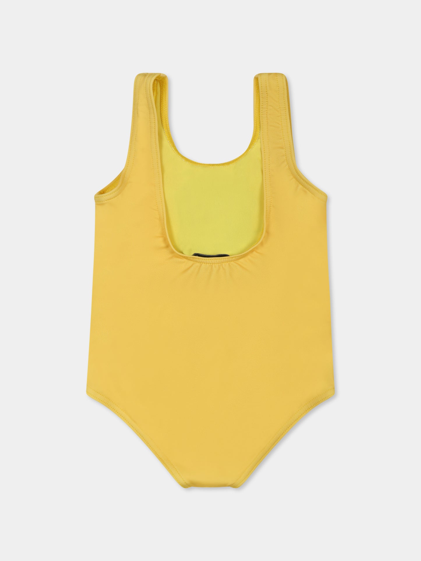 Yellow swimsuit for baby girl with Teddy Bear and black logo