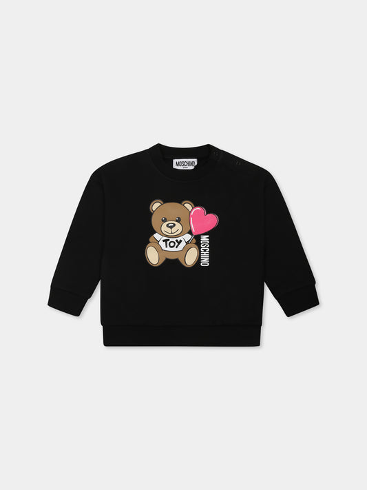 Felpa nera per neonata con Teddy Bear e cuore,Moschino Kids,MDF02Z LDA00 60100