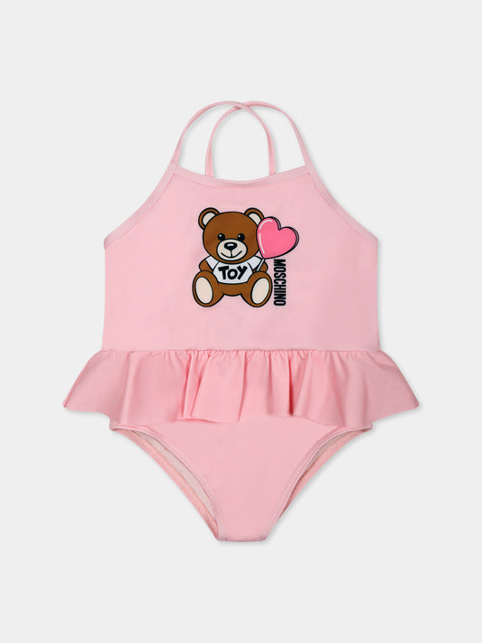 Costume intero rosa per neonata con Teddy Bear e logo nero,Moschino Kids,MDL00S LKA00 50209