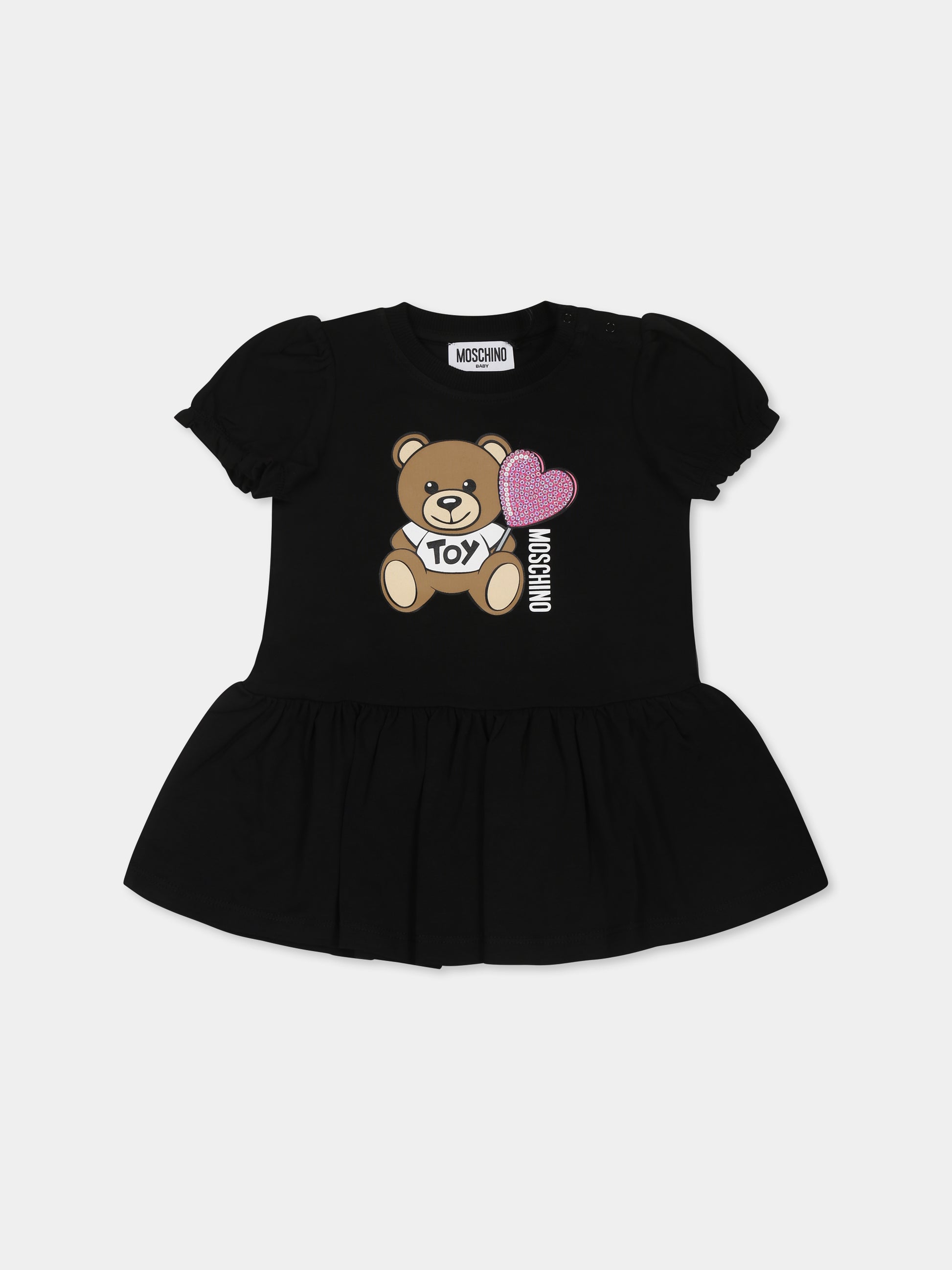 Vestito nero per neonata con Teddy Bear e cuore,Moschino Kids,MDV0C7 LBA00 60100