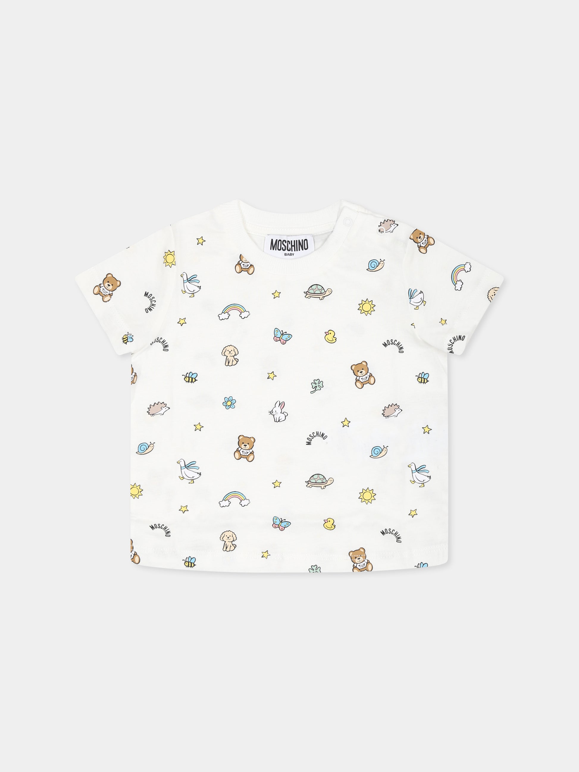 T-shirt avorio per neonati con Teddy Bear e stampa all over,Moschino Kids,MOM047 LABA6 83449