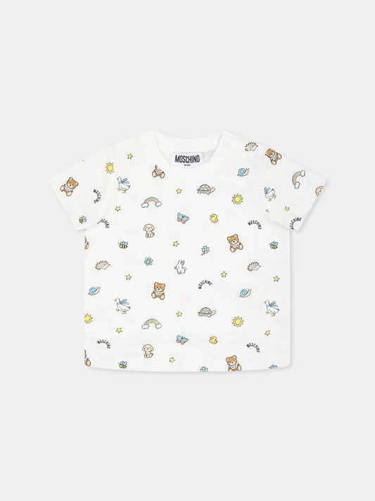 T-shirt avorio per neonati con Teddy Bear e stampa all over,Moschino Kids,MOM047 LABA6 83449