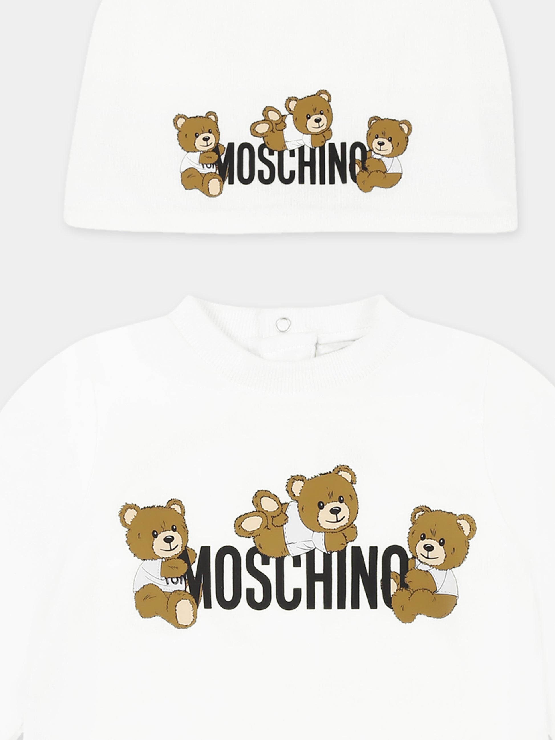 Set tutina bianco per neonati con tre Teddy Bears,Moschino Kids,MOY05Z LAA03 10101