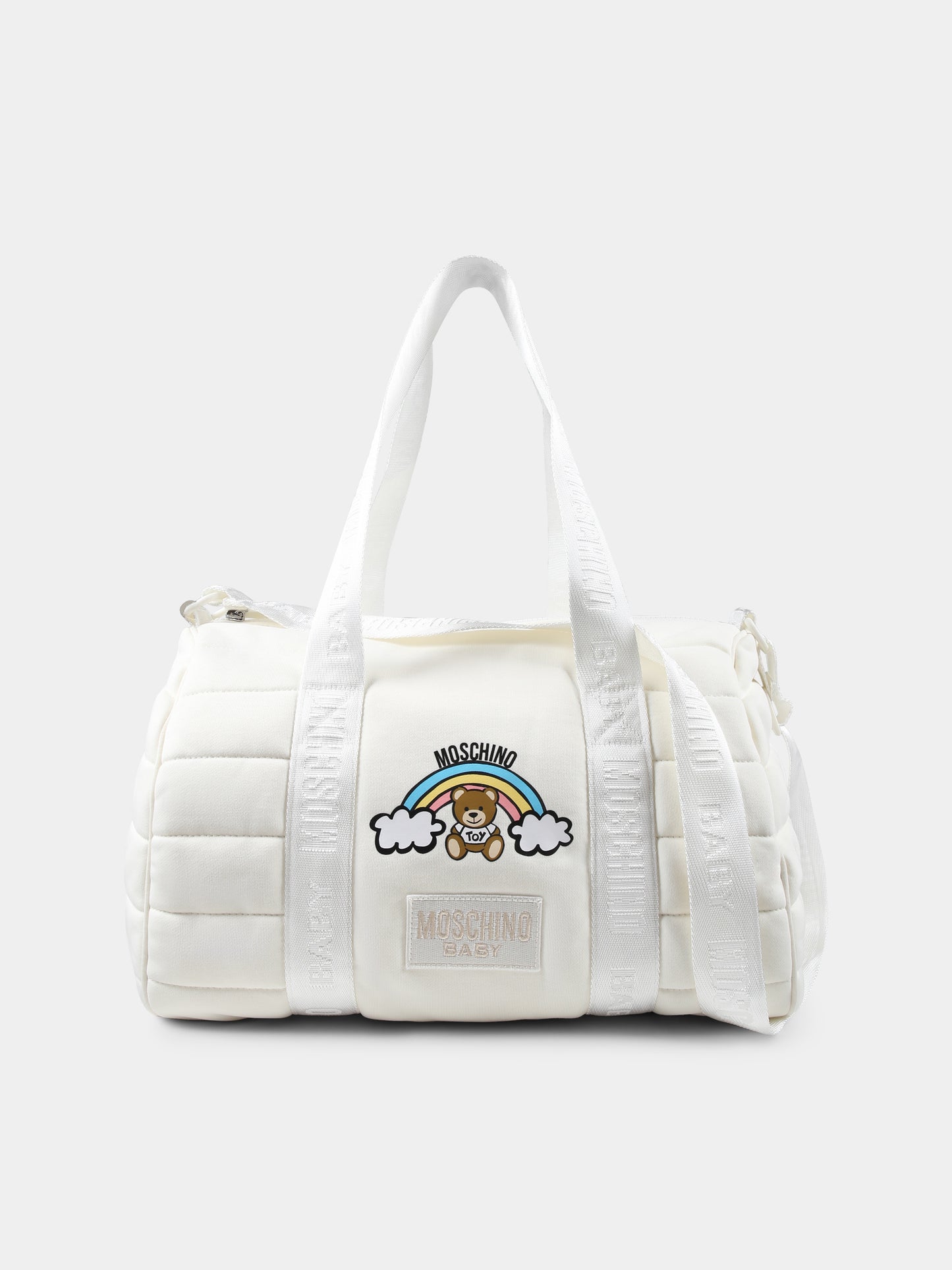 Borsa mamma avorio per neonati con Teddy Bear e arcobaleno,Moschino Kids,MPX03P LCA26 10063