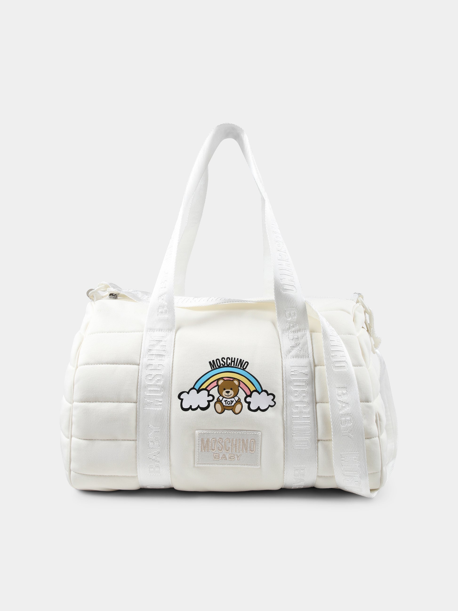 Borsa mamma avorio per neonati con Teddy Bear e arcobaleno,Moschino Kids,MPX03P LCA26 10063