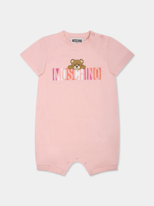 Pagliaccetto rosa per neonata con Teddy Bear e logo,Moschino Kids,MPY022 LAA02 50209