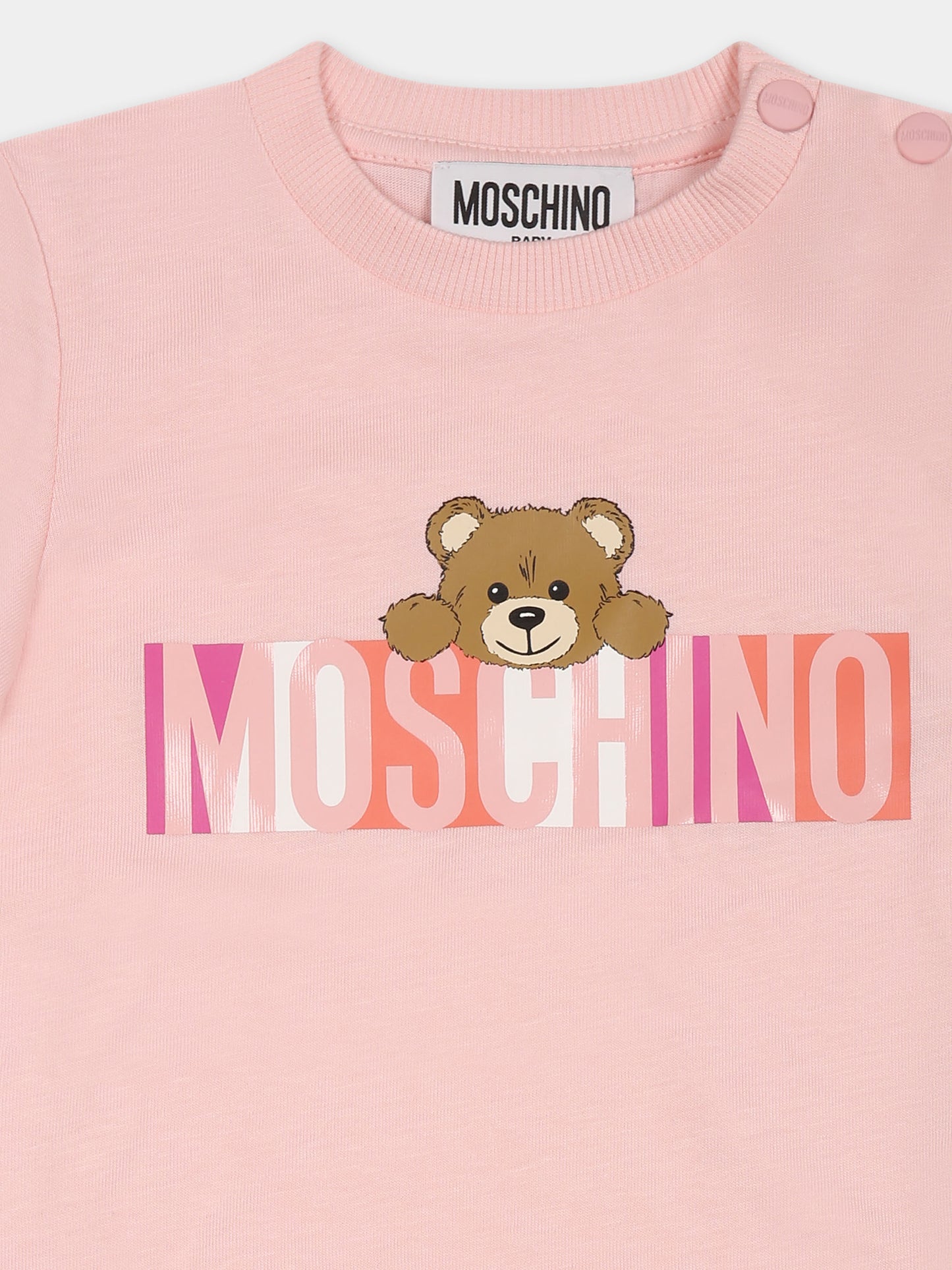 Pagliaccetto rosa per neonata con Teddy Bear e logo,Moschino Kids,MPY022 LAA02 50209
