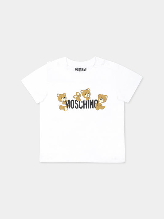 T-shirt bianca per neonati con tre Teddy Bears,Moschino Kids,MUM04A LAA03 10101