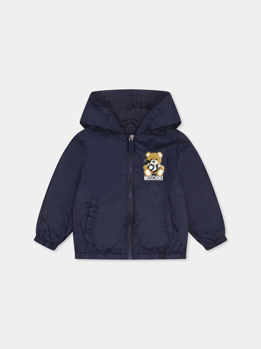 Blue windbreaker jacket for baby boy with Teddy Bear