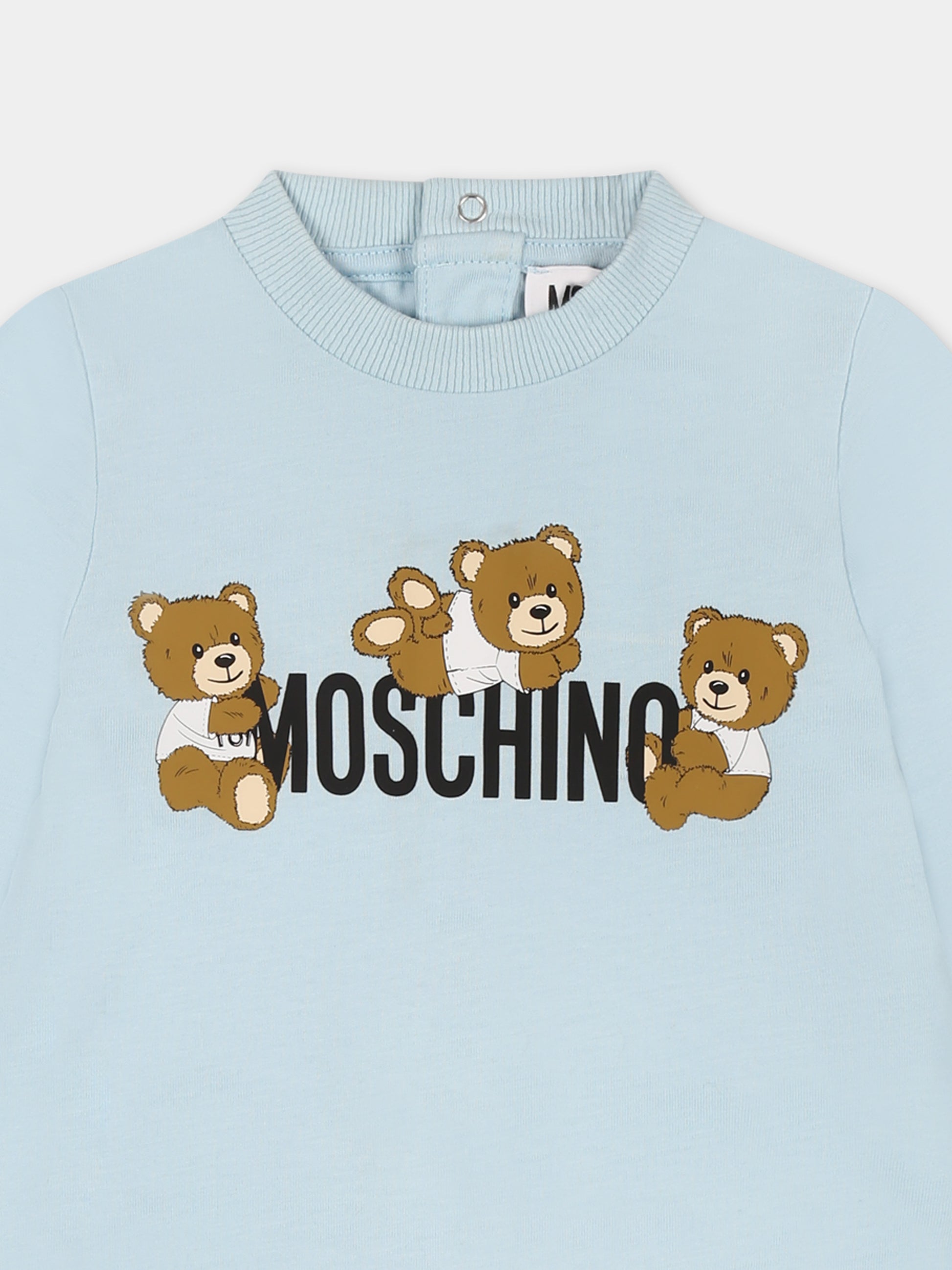 Tutina celeste per neonato con tre Teddy Bears,Moschino Kids,MUT047 LAA03 40304