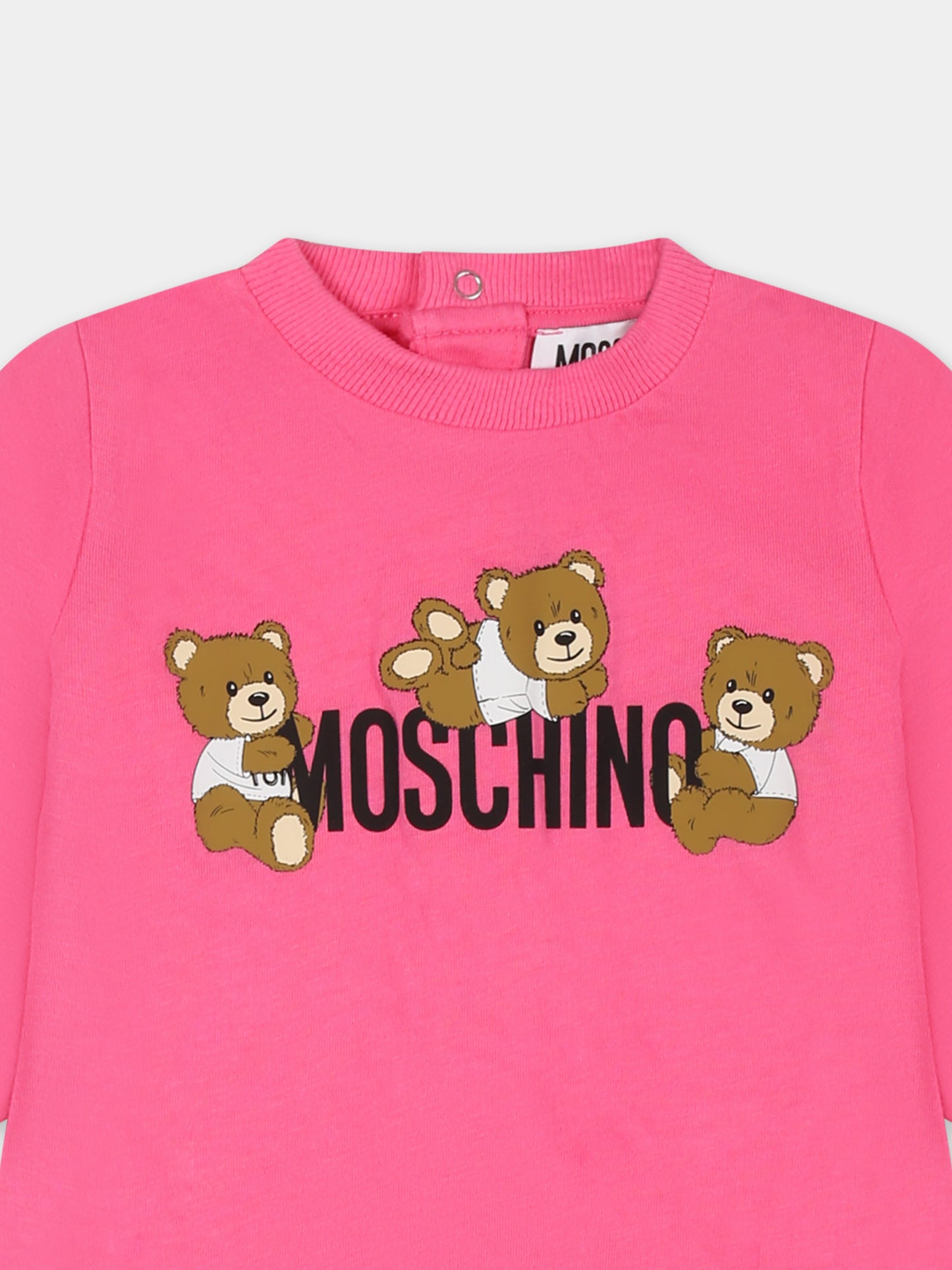Tutina fucsia per neonata con tre Teddy Bears,Moschino Kids,MUT047 LAA03 50533