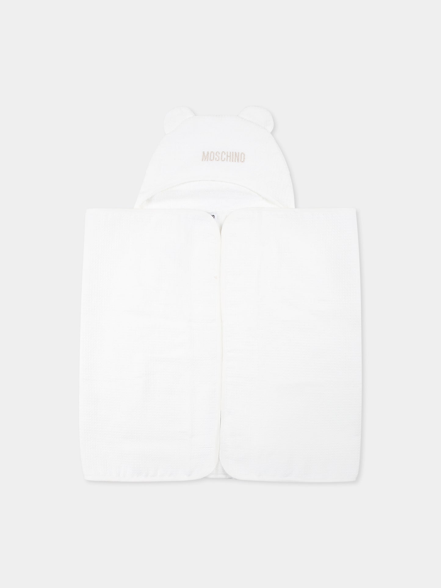 Accappatoio bianco per neonati con logo beige,Moschino Kids,MUX058 LGA22 10101