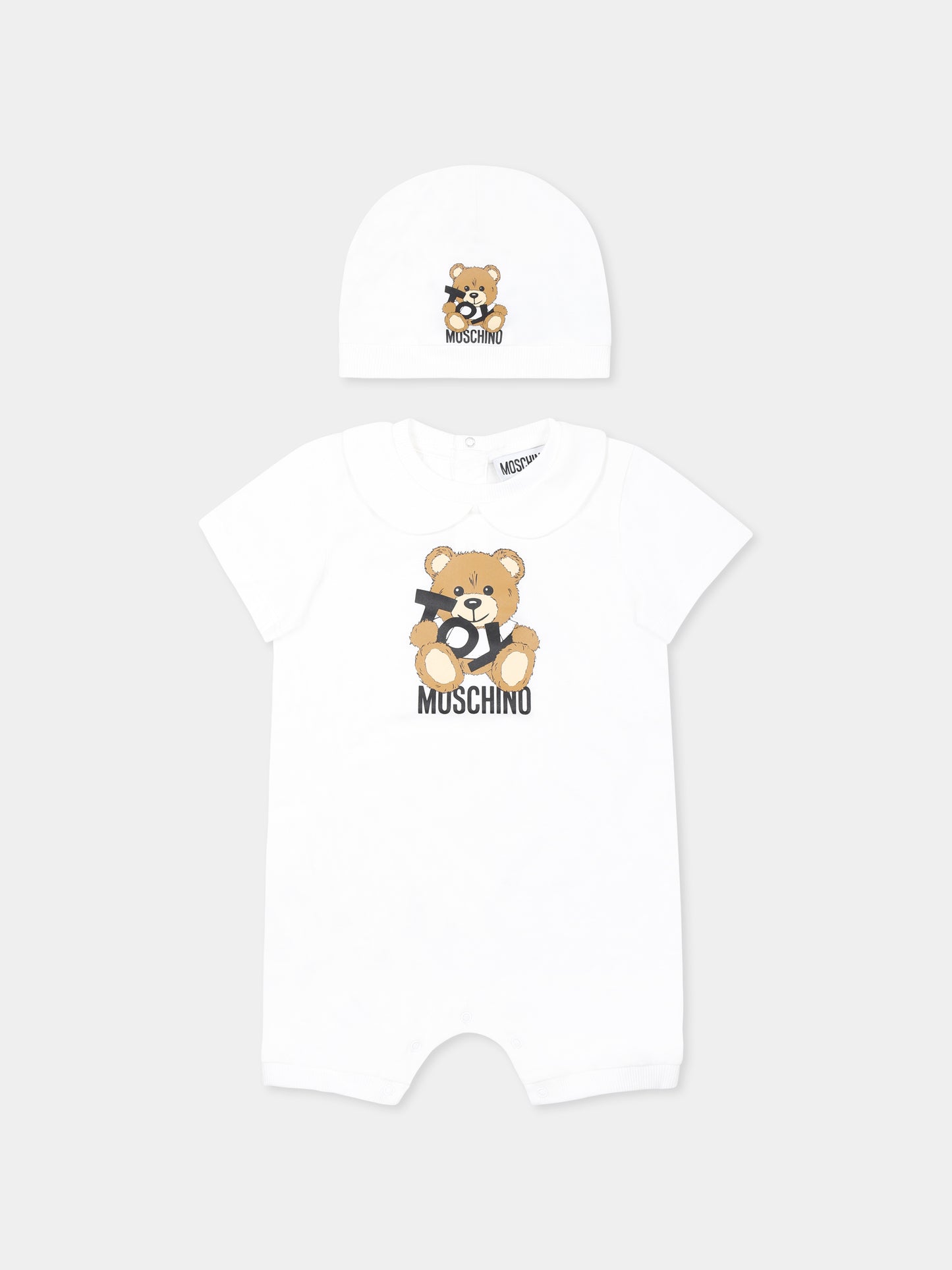 Set pagliaccetto bianco per neonati con Teddy Bear e logo nero,Moschino Kids,MUY07N LAA03 10101