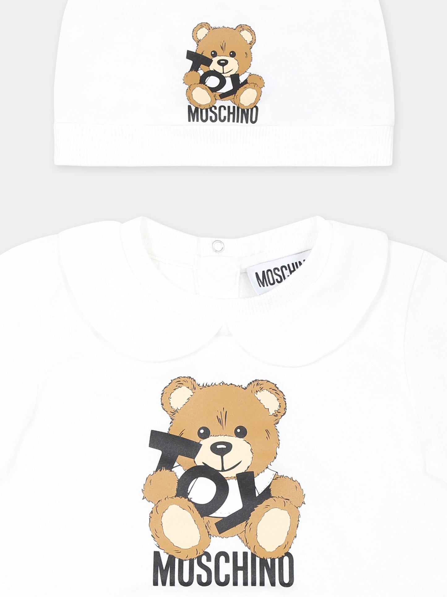Set pagliaccetto bianco per neonati con Teddy Bear e logo nero,Moschino Kids,MUY07N LAA03 10101