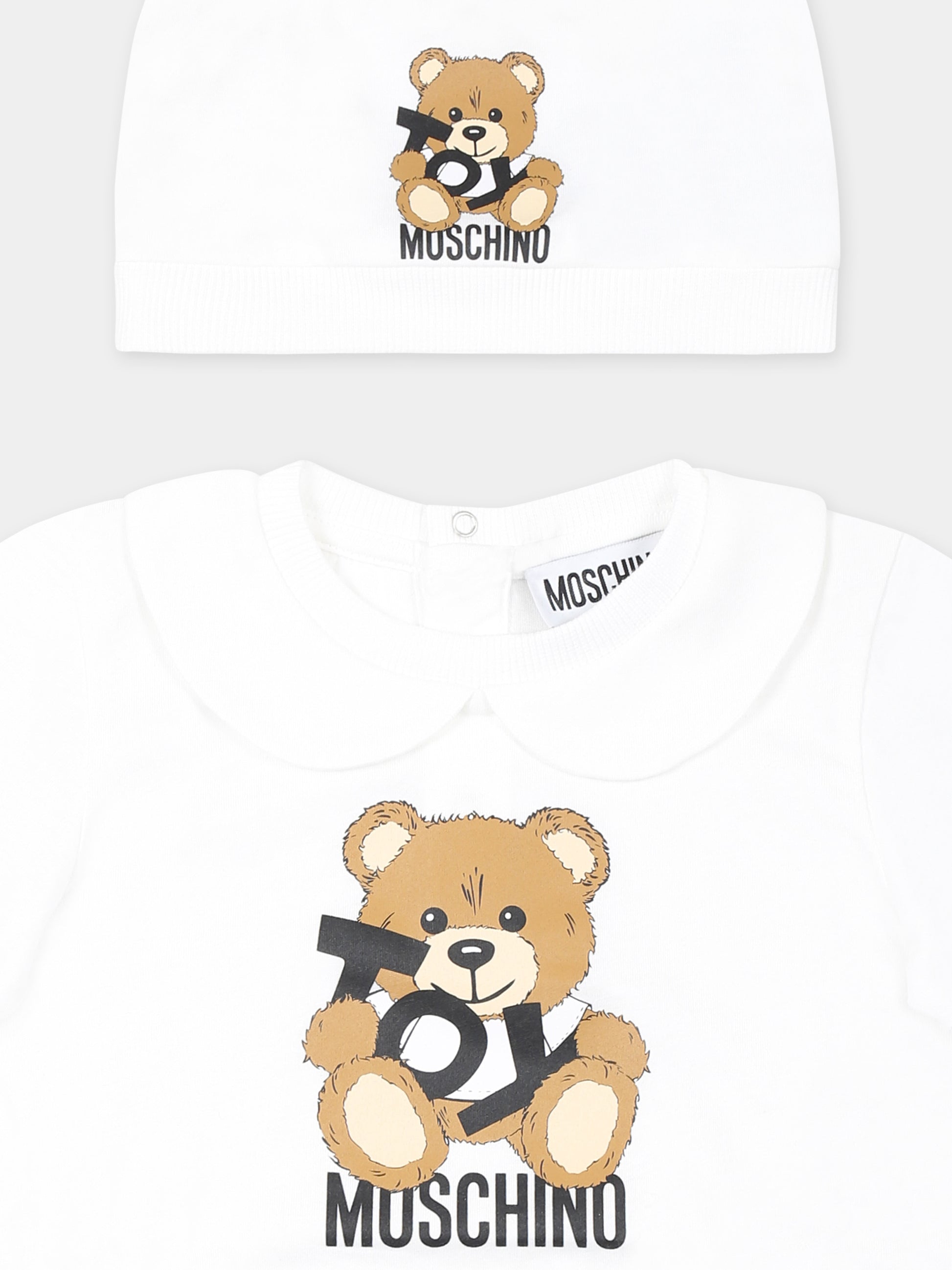 Set pagliaccetto bianco per neonati con Teddy Bear e logo nero,Moschino Kids,MUY07N LAA03 10101