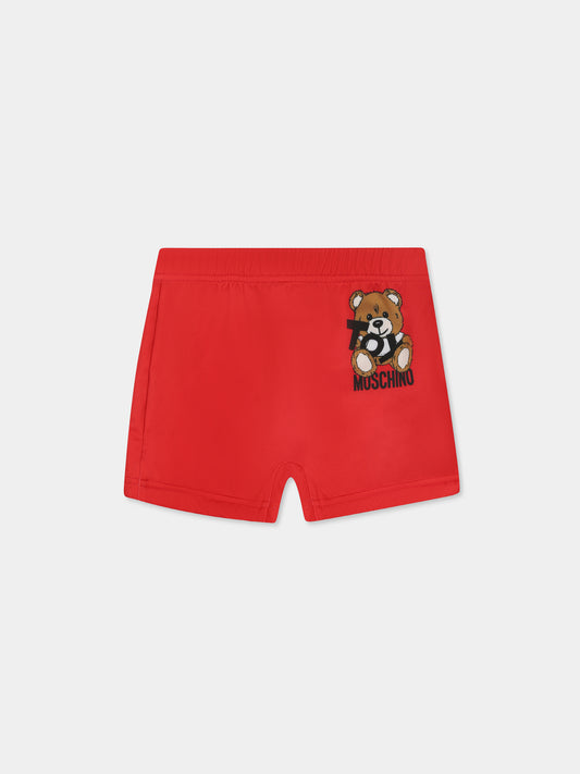 Red swimsuit for babt boy with Teddy Bear and black logo