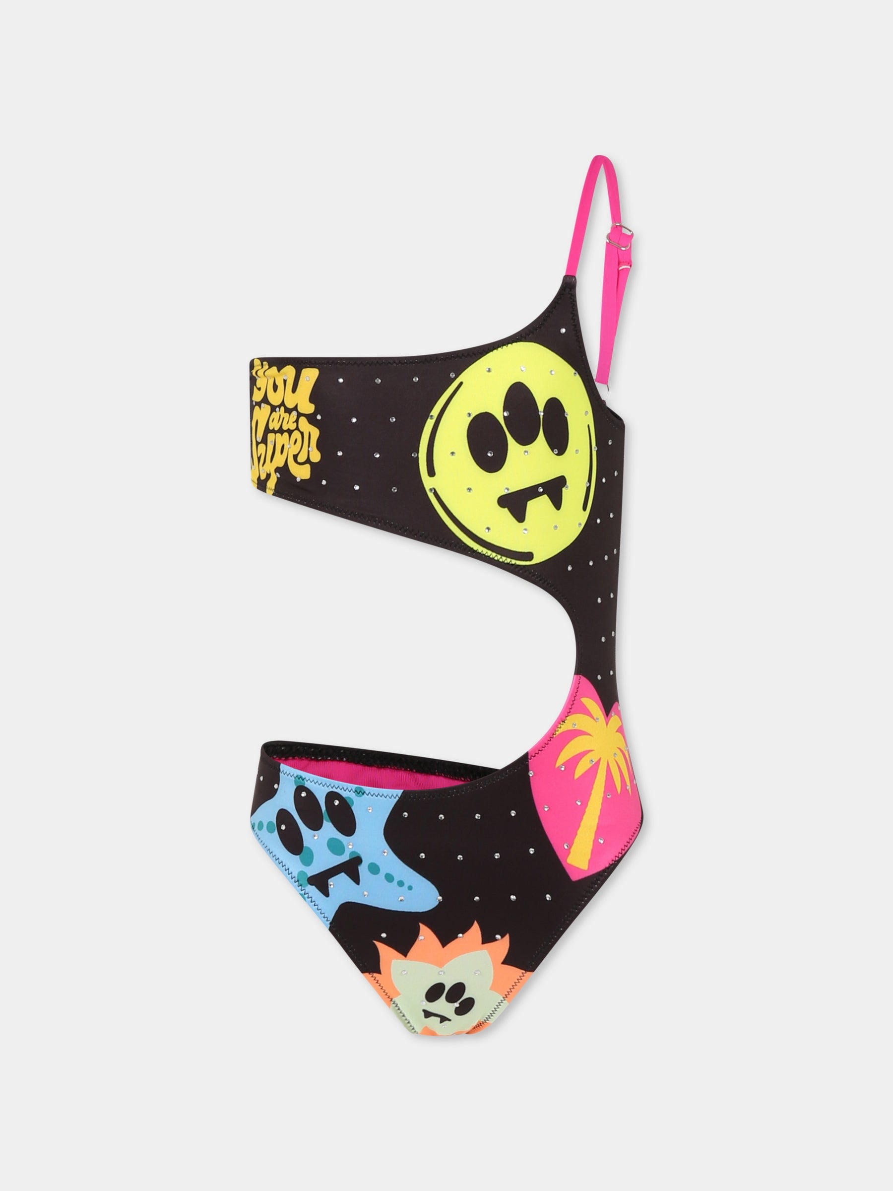 Costume intero nero per bambina con smile e strass,Barrow,S5BKJGSM181 110