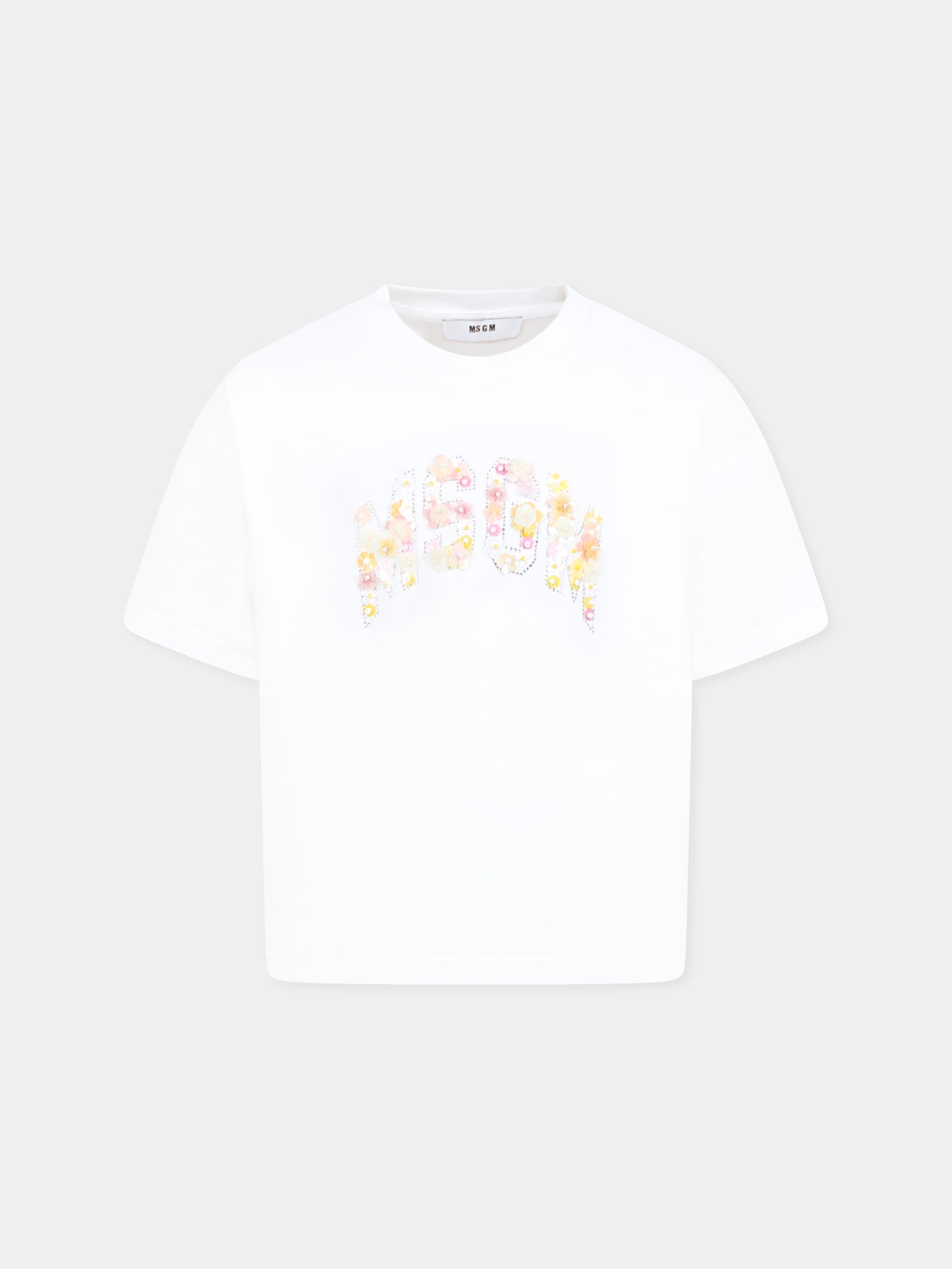 T-shirt bianca per bambina con logo e fiori,Msgm Kids,S5MSJGTH105 001