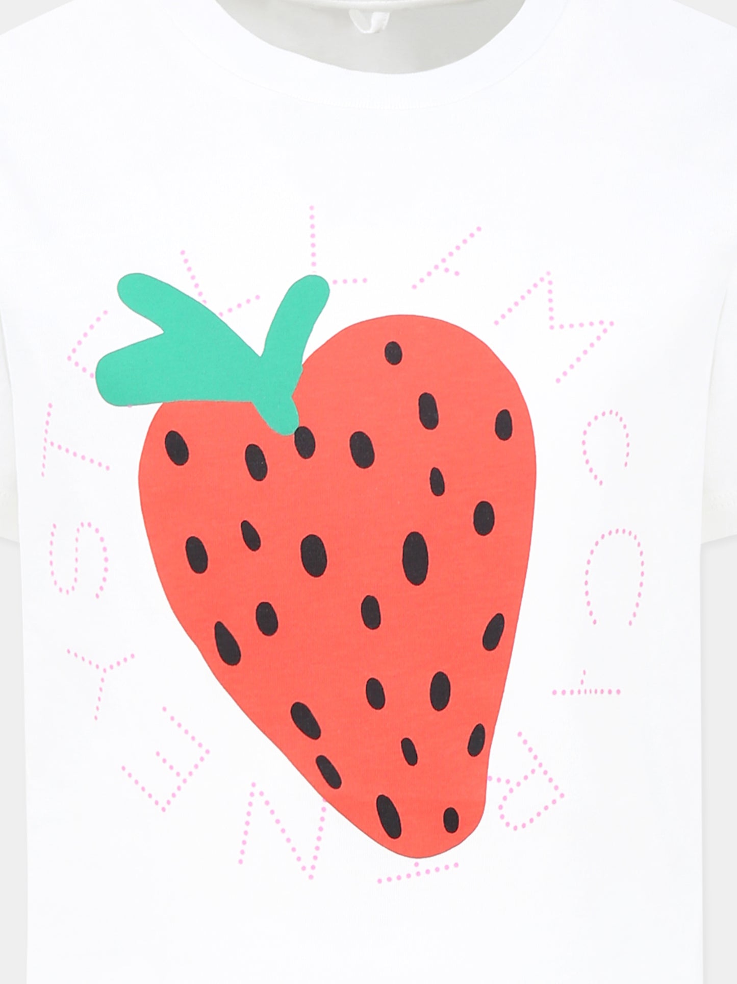 T-shirt bianca per bambina con fragola e logo,Stella Mccartney Kids,TW8B21 Z0434 101