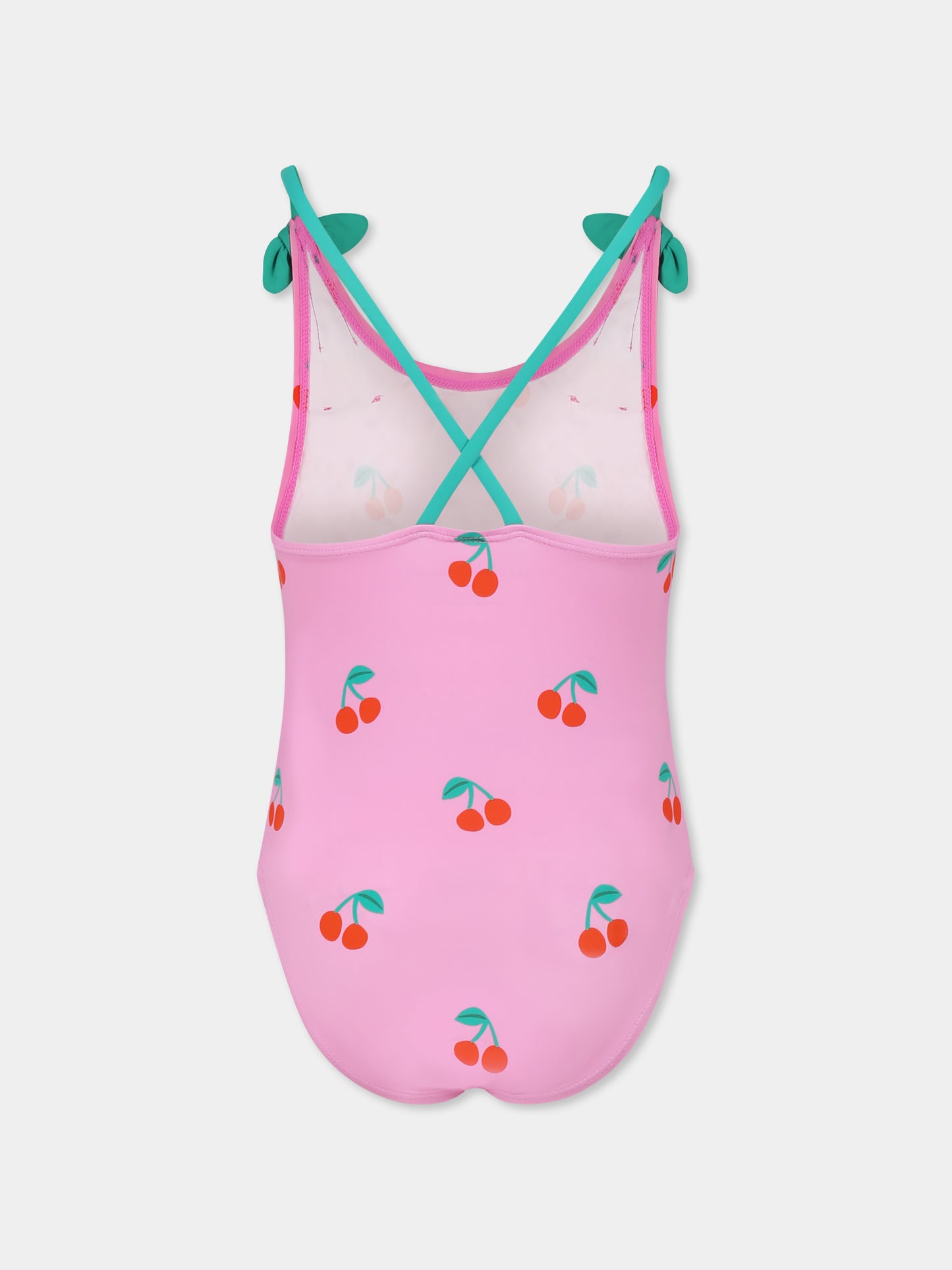 Pink swimsuit for girl with cherries