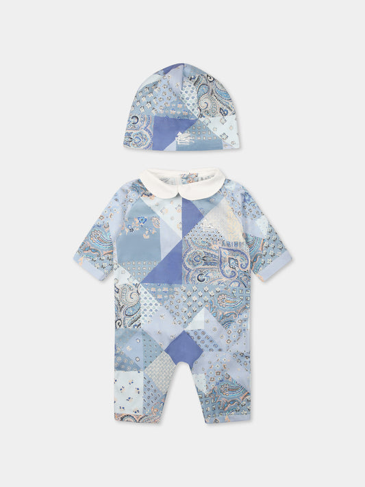 Set tutine celeste per neonato con stampa Paisley patchwork,Etro,GWB500 J0473 603CE