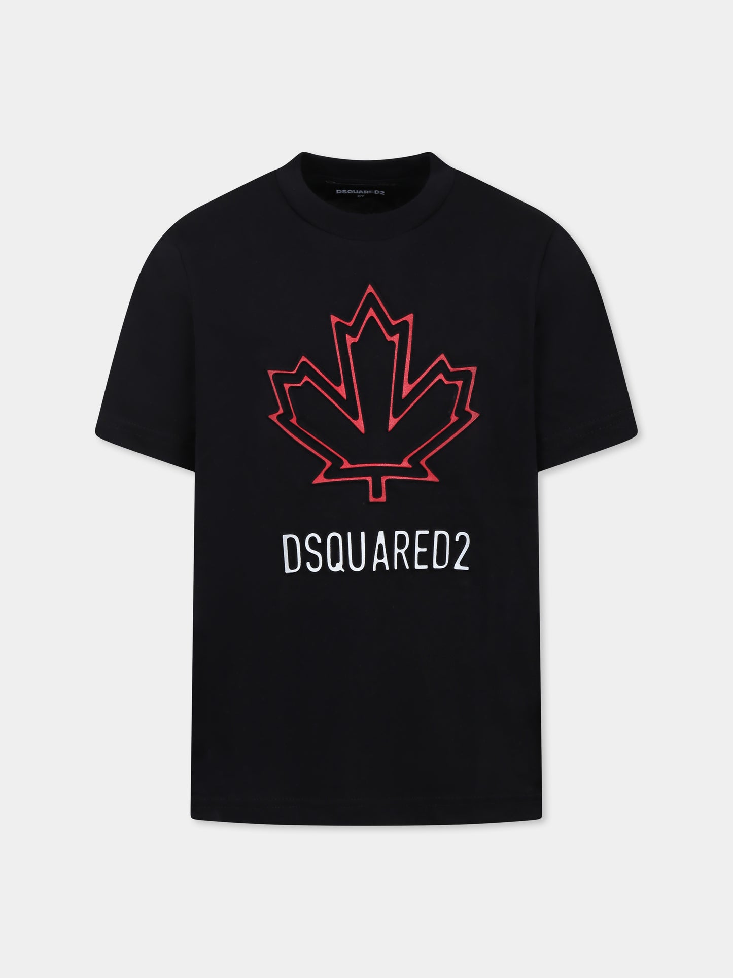 T-shirt nera per bambino con iconica foglia d'acero e logo,Dsquared2,DQ2770 D0015 D2T1134U DQ900