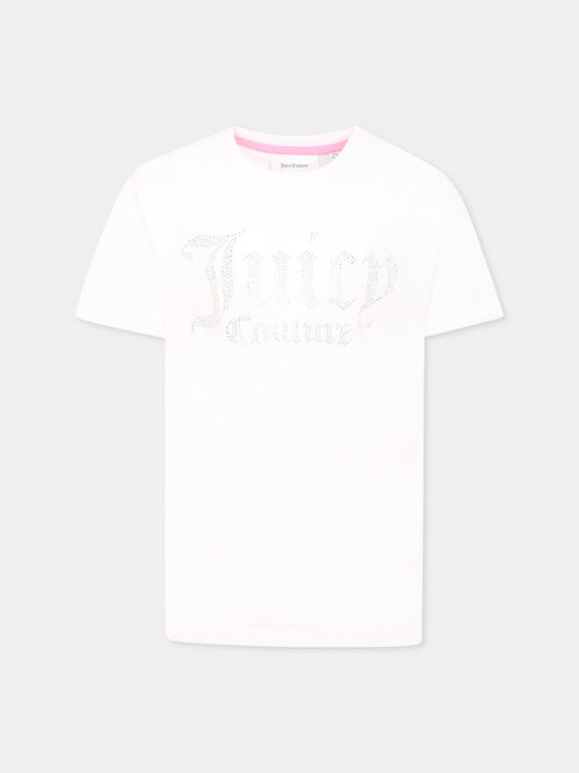 T-shirt bianca per bambina con logo di strass,Juicy Couture,NOS JCJBX6409 JBX6409 002