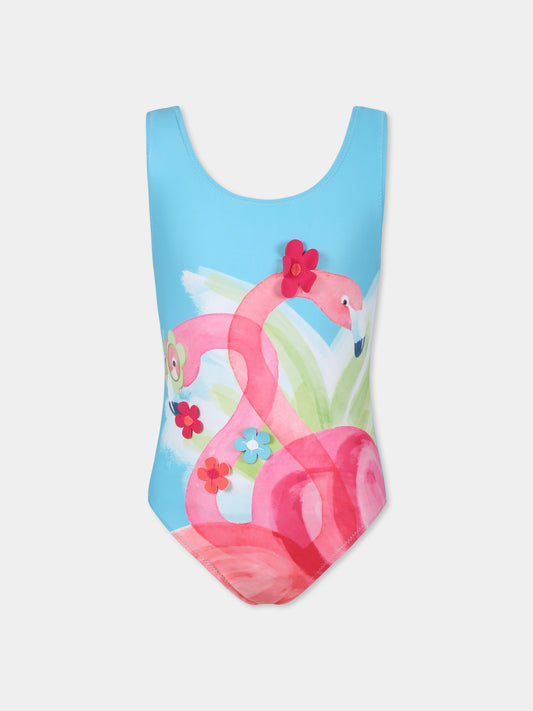 Light blue swimsuit for girl with flamingo