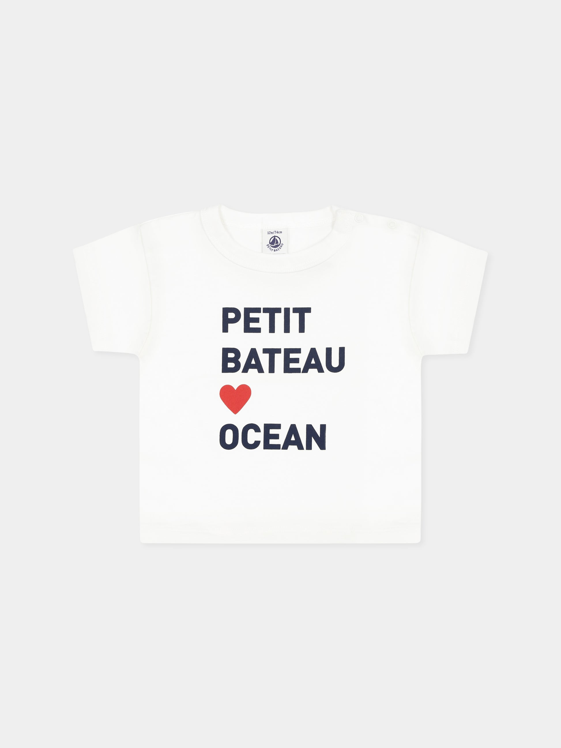 T-shirt bianca per neonati con logo e cuore,Petit Bateau,A0DI9 MARSHMALLOW 07