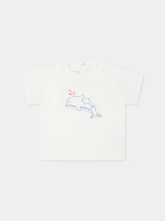 T-shirt bianca per neonato con delfini,Petit Bateau,A0CWB MARSHMALLOW 02