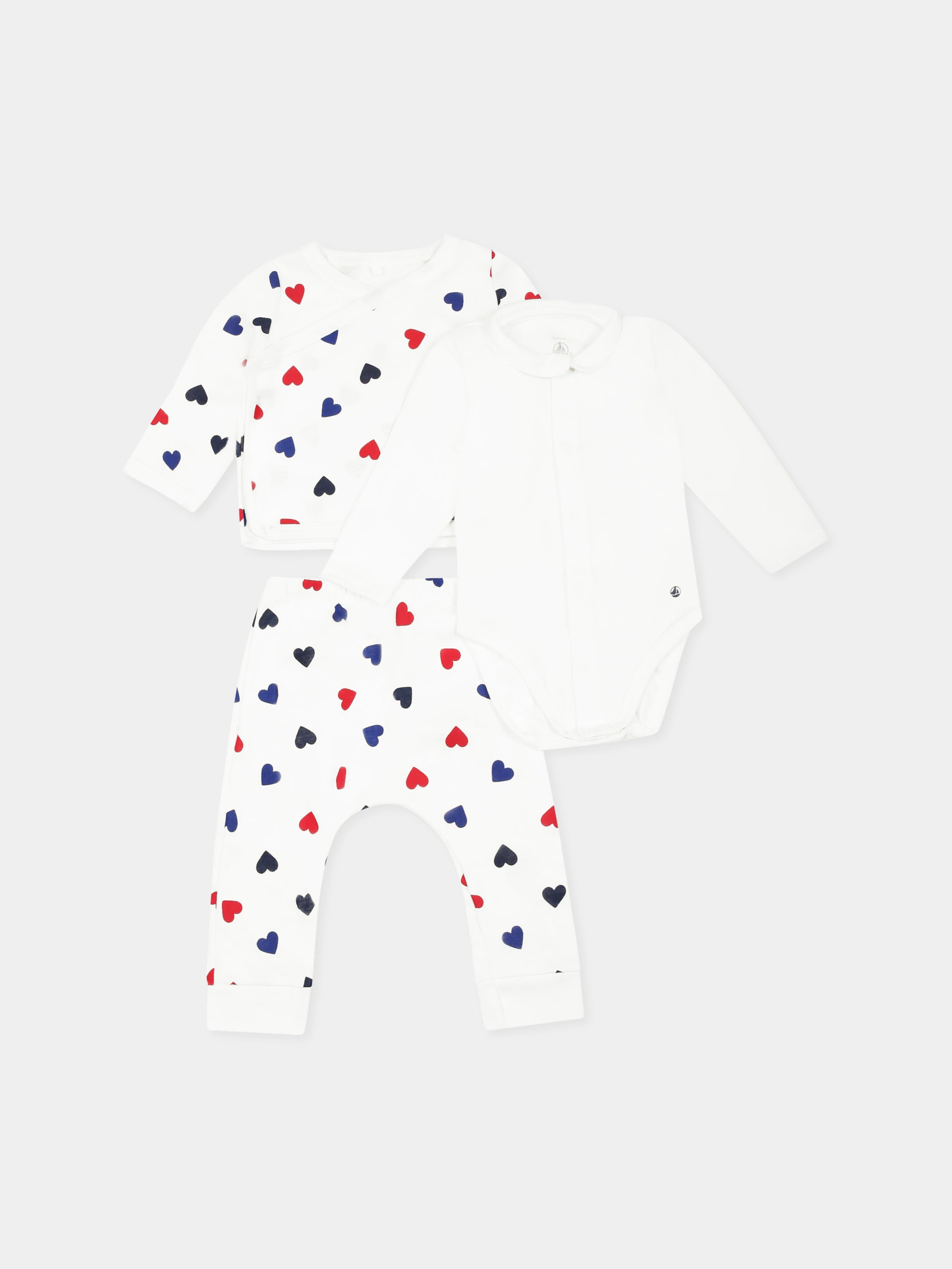 Completo nascita bianco per neonati con cuori,Petit Bateau,A0BN5 MARSHMALLOW/MULTICO 01