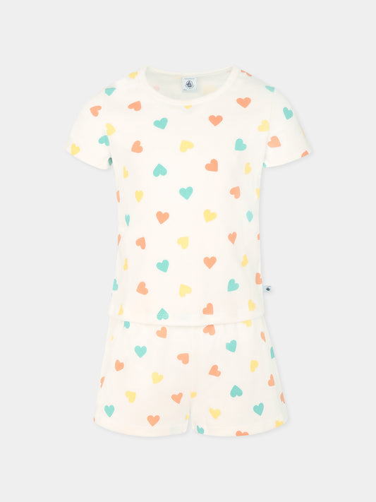 Pigiama bianco per bambina con cuori all over,Petit Bateau,A0CJZ MARSHMALLOW/MULTICO 01