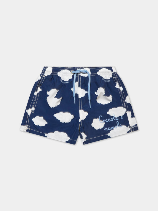 Blue swimsuit for boy with Ducky clouds