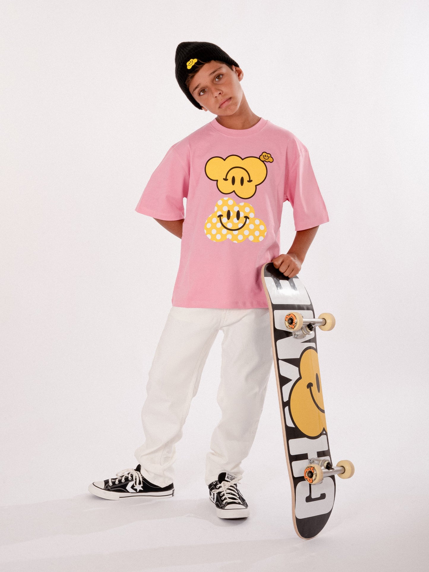 Pink t-shirt for kids with yellow clouds