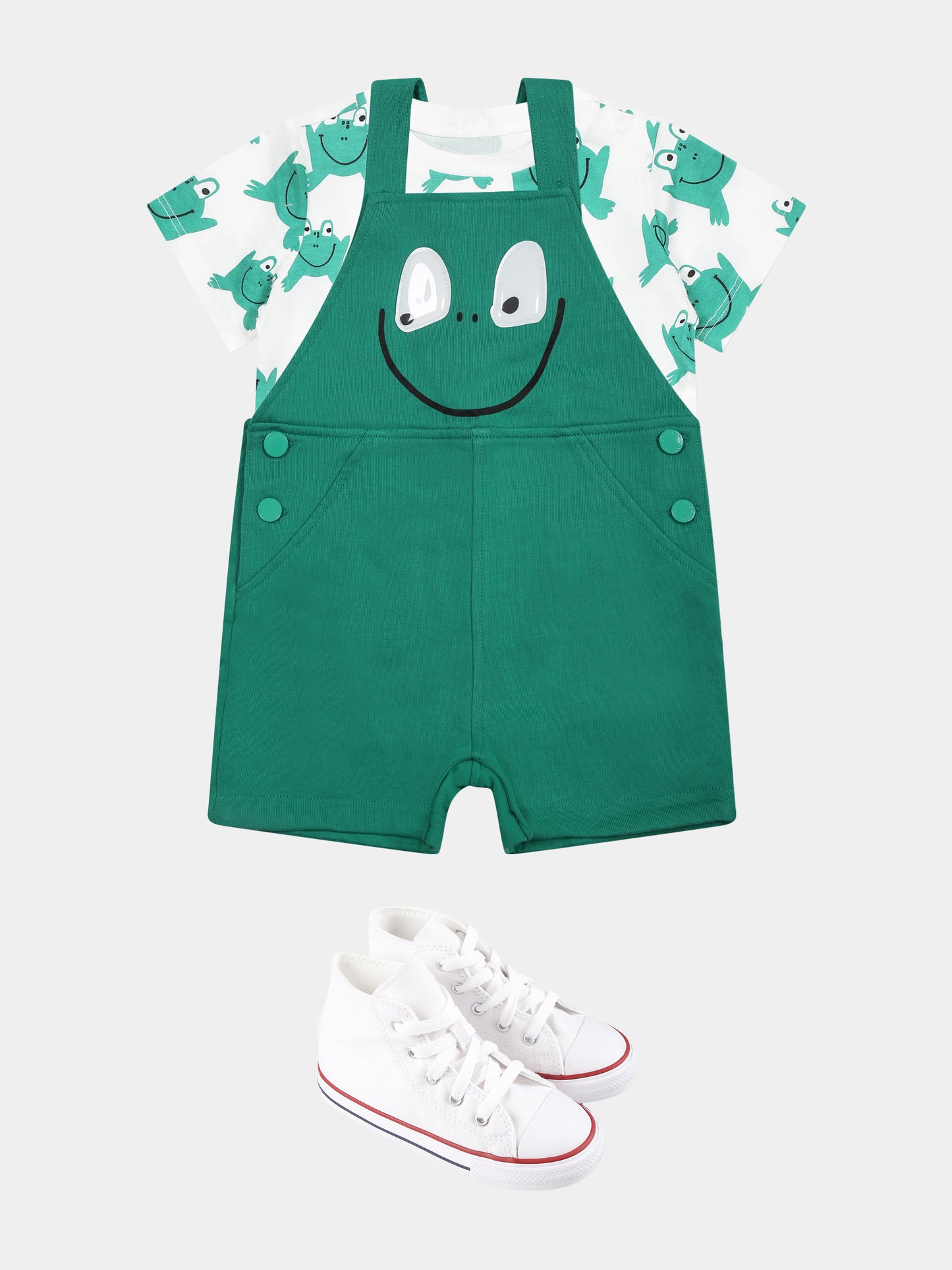 Green dungarees for baby boy with frog