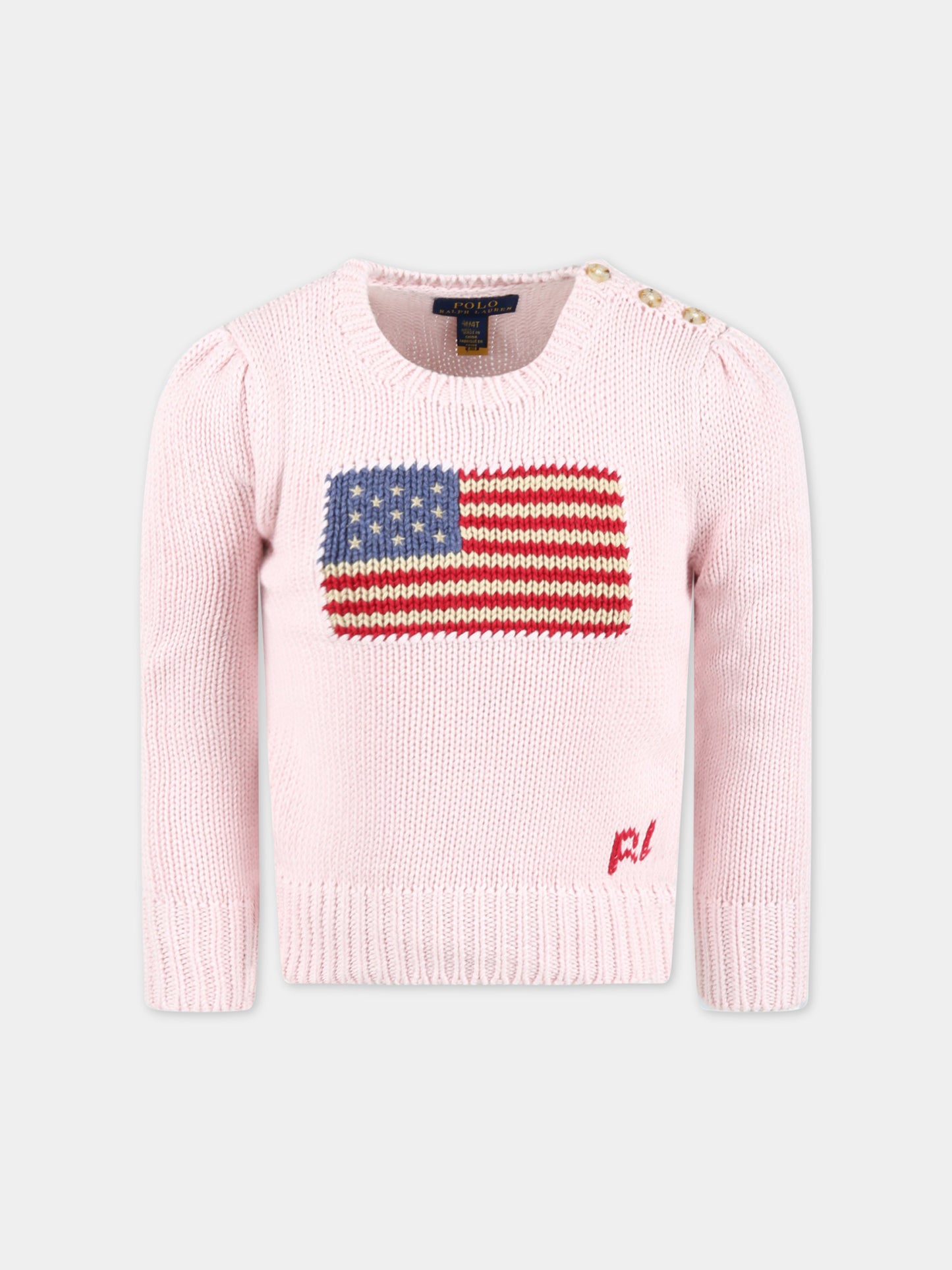 Maglione rosa bambina con bandiera,Ralph Lauren Kids,668609003