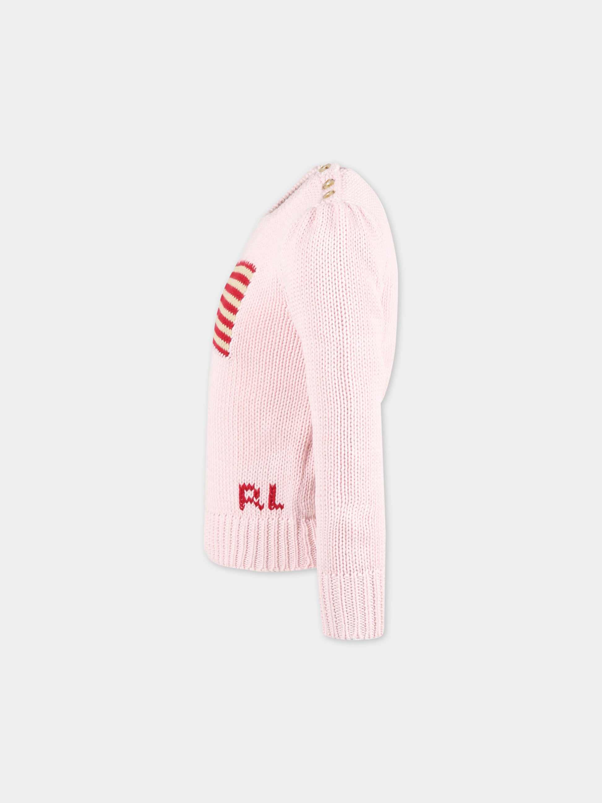 Maglione rosa bambina con bandiera,Ralph Lauren Kids,668609003