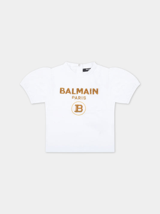 T-shirt bianca per neonata con logo dorato,Balmain Kids,6Q8851 J0006 100OR