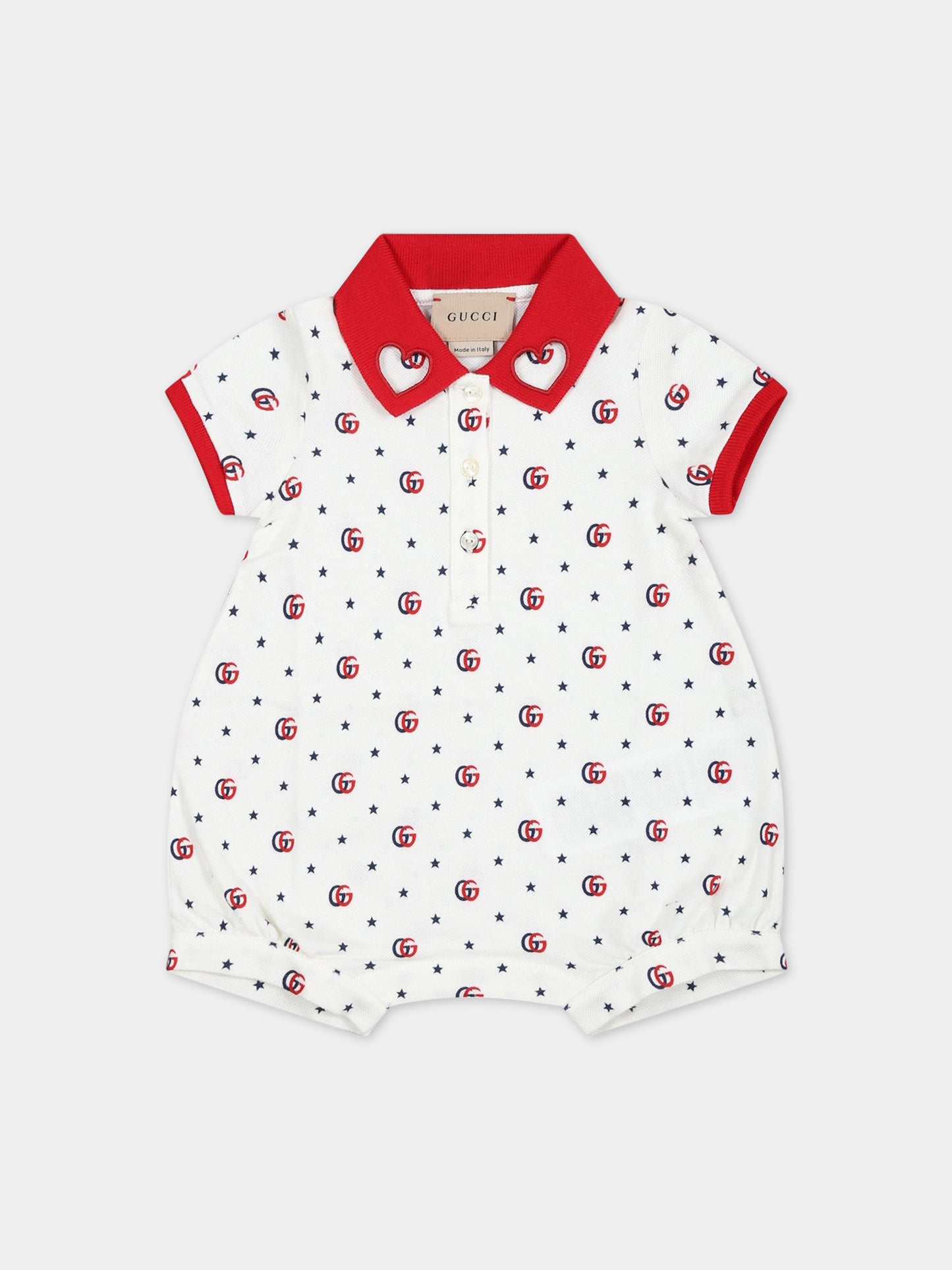 Pagliaccetto bianco per neonata con Doppia G e stelle,Gucci Kids,718010 XJE3F 9275