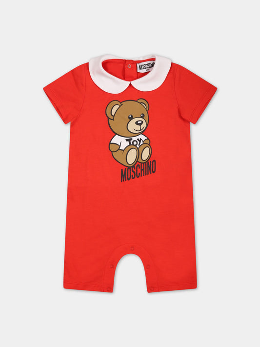 Pagliaccetto rosso per neonati con Teddy Bear e logo nero,Moschino Kids,MUY058 LBA10 50109
