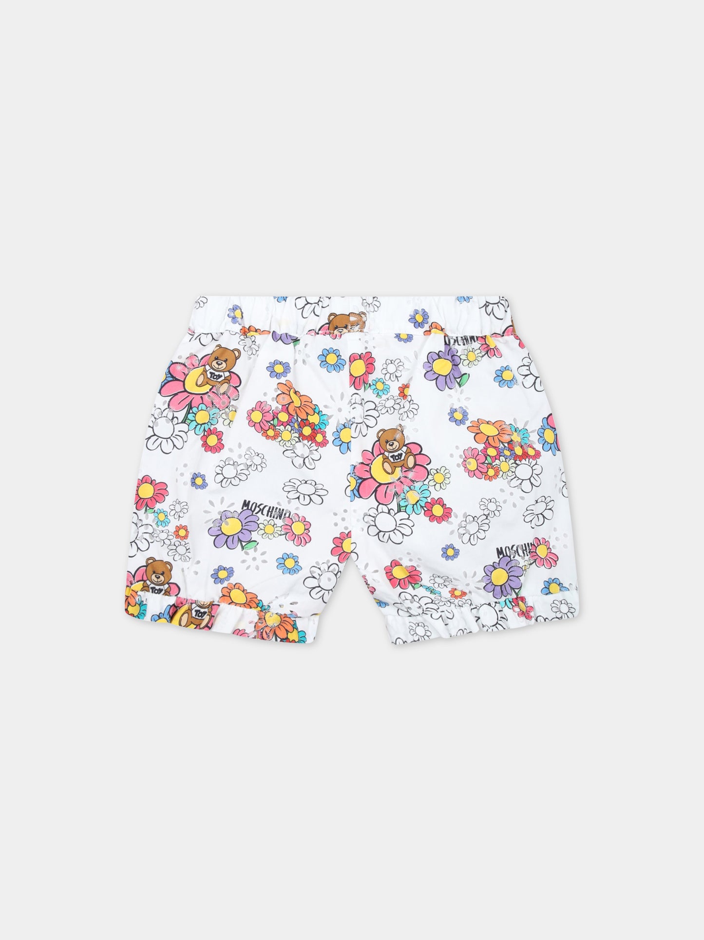 Shorts bianchi per neonata con fiori e Teddy Bear,Moschino Kids,MDQ008 S0Q08 84328