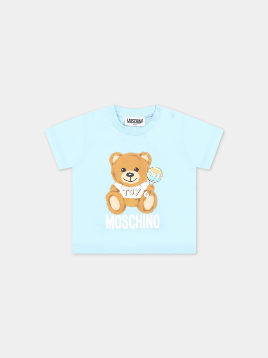 T-shirt celeste per neonato con Teddy Bear e logo,Moschino Kids,MOM032 LAA03 40304