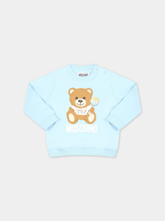 Felpa celeste per neonato con Teddy Bear e logo bianco,Moschino Kids,MMF04Q LCA19 40304