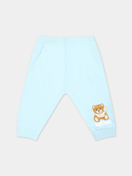 Pantaloni celesti da tuta per neonato con Teddy Bear,Moschino Kids,MZP02I LCA19 40304